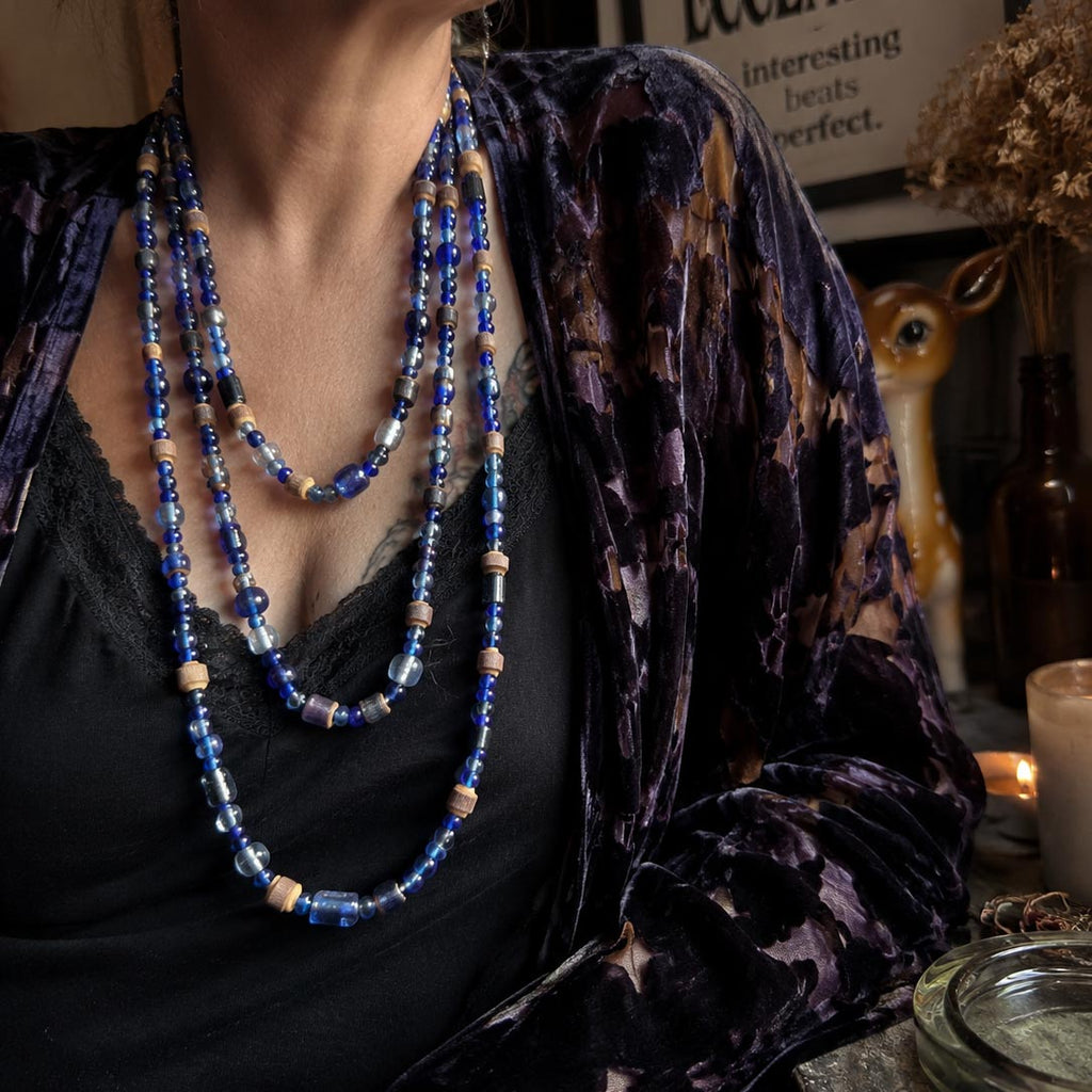 Extra Long Blue Glass & Wood Bead Necklace – Layering Necklace