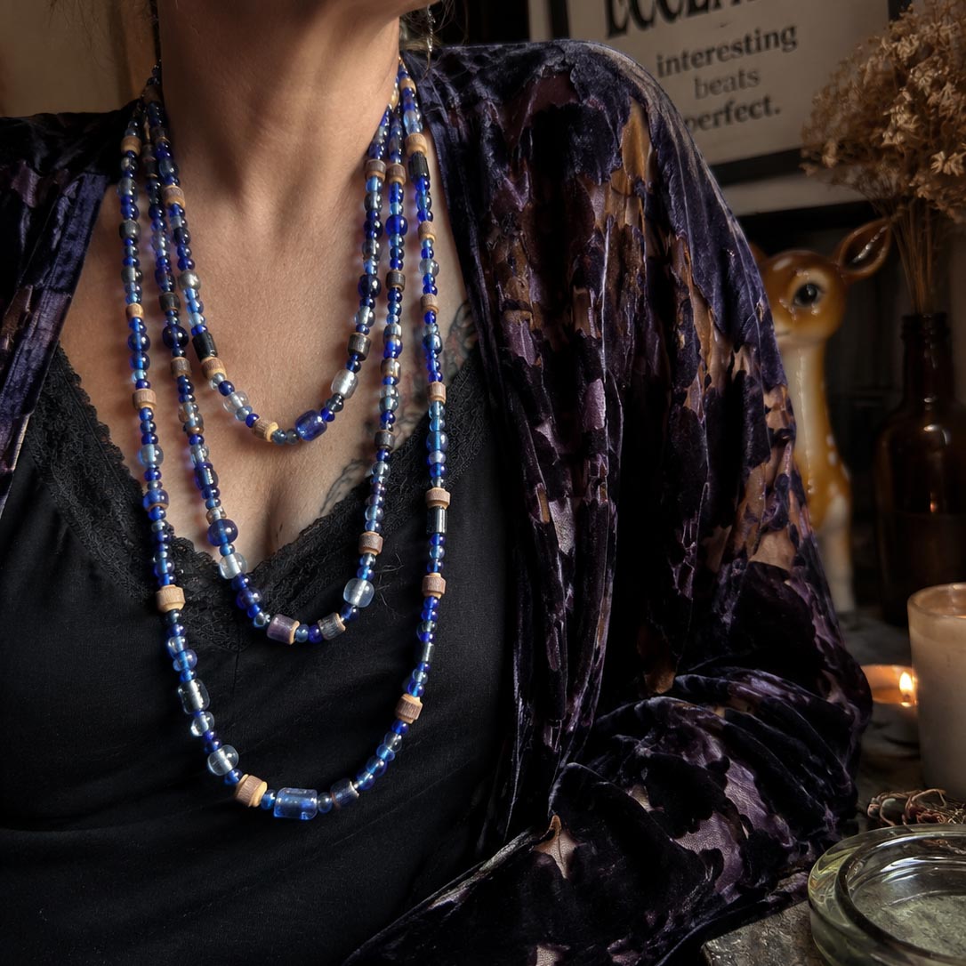 Extra Long Blue Glass & Wood Bead Necklace – Layering Necklace