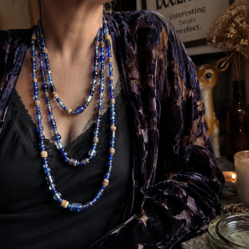 Extra Long Blue Glass & Wood Bead Necklace – Layering Necklace