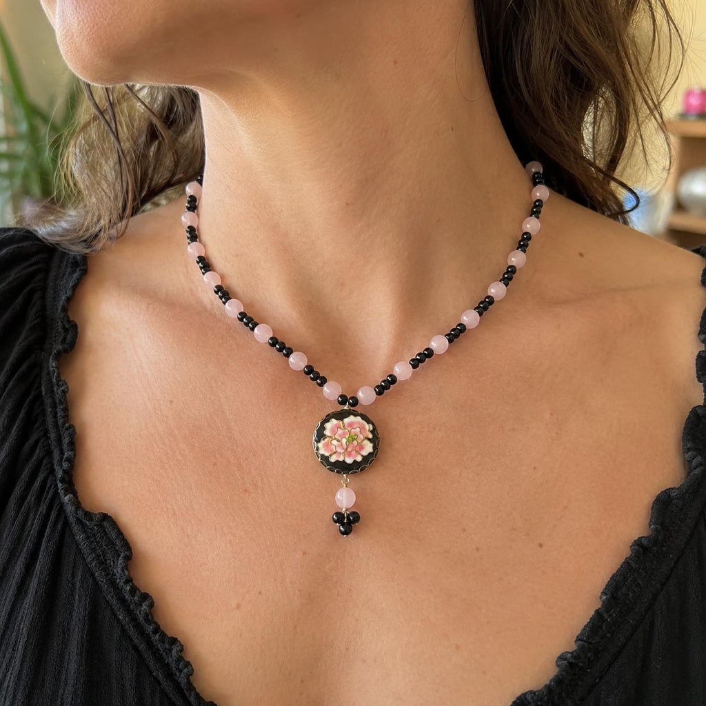 Pink & Black Glass Beaded Necklace with Floral Cloisonné-Style Pendant