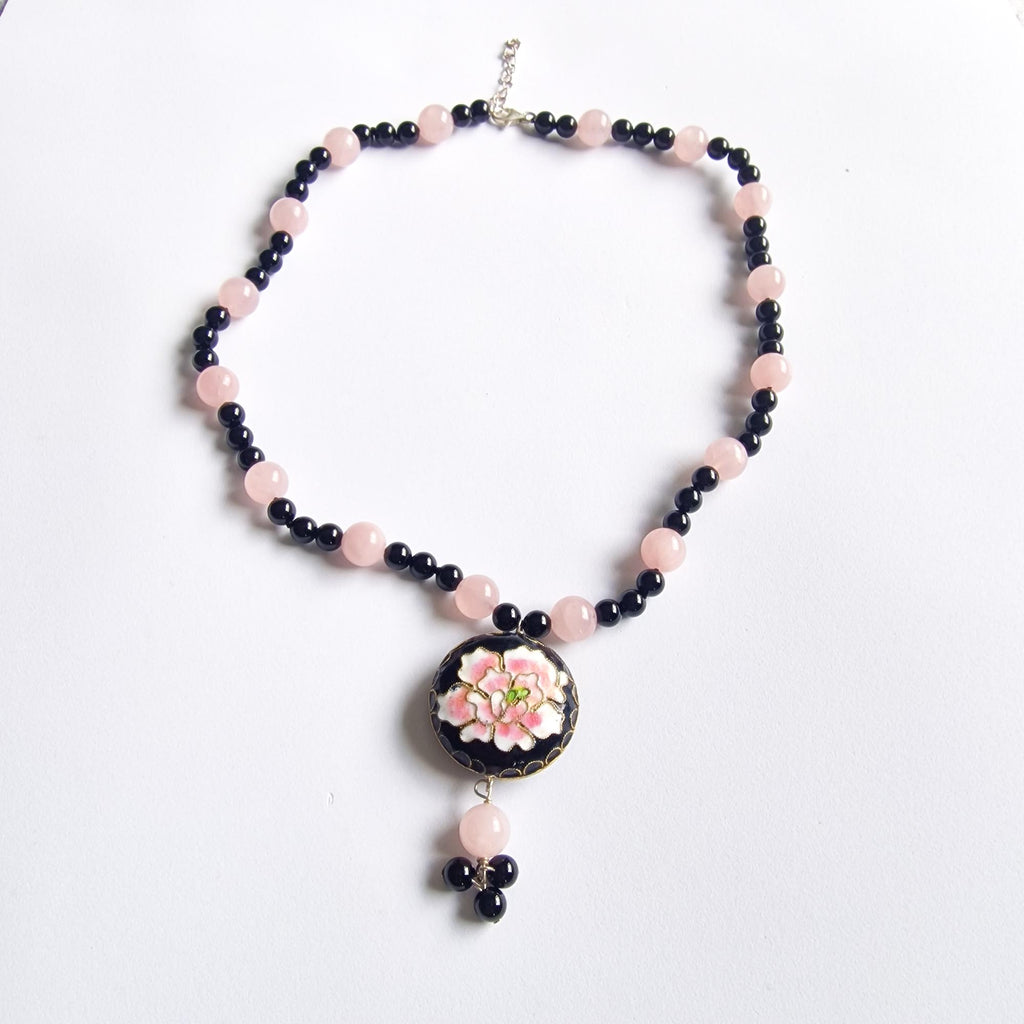 Pink & Black Glass Beaded Necklace with Floral Cloisonné-Style Pendant
