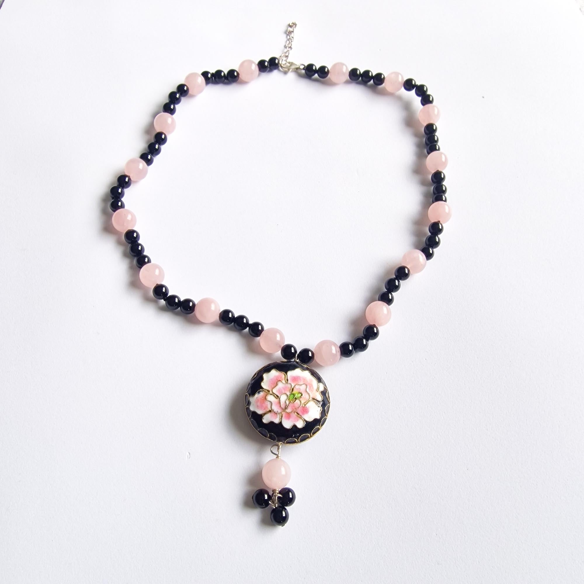 Pink & Black Glass Beaded Necklace with Floral Cloisonné-Style Pendant