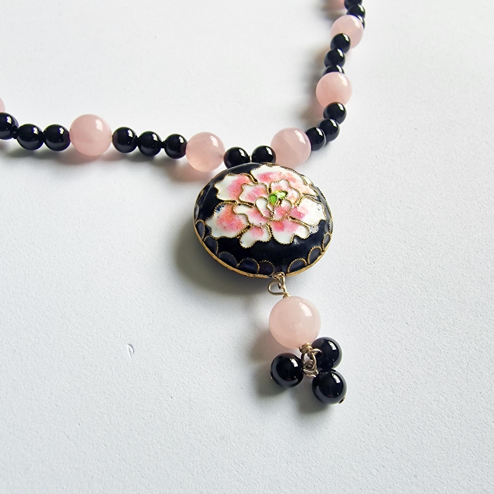 Pink & Black Glass Beaded Necklace with Floral Cloisonné-Style Pendant