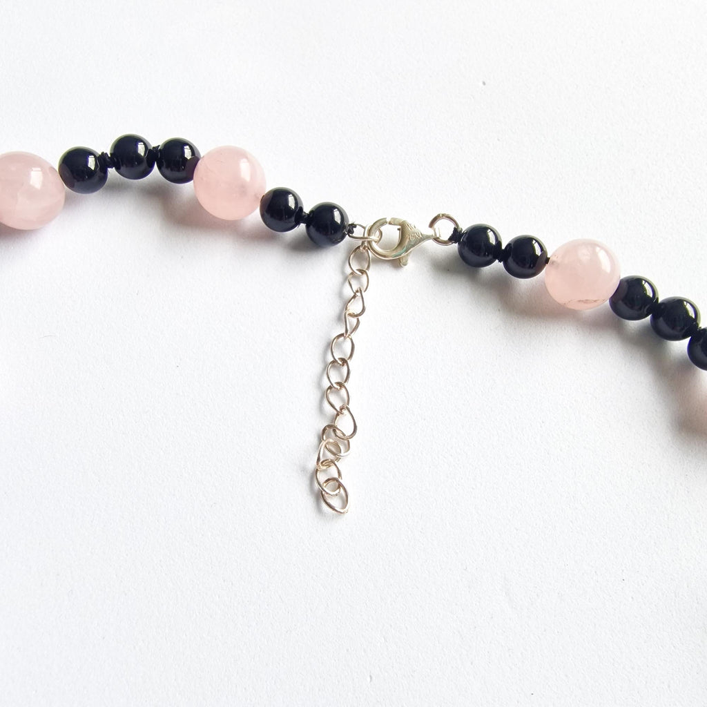 Pink & Black Glass Beaded Necklace with Floral Cloisonné-Style Pendant