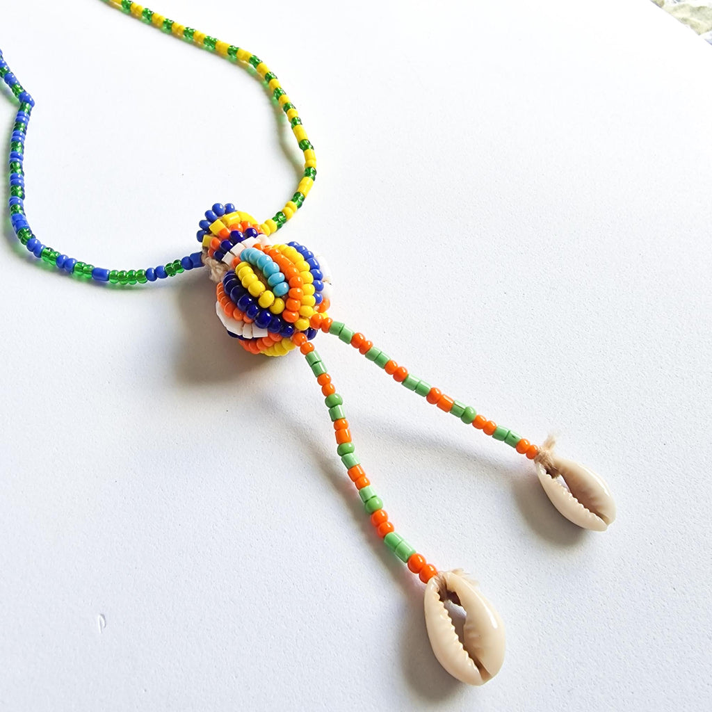 Handmade Glass Seed Bead & Cowrie Shell Necklace – Colourful Statement Jewellery