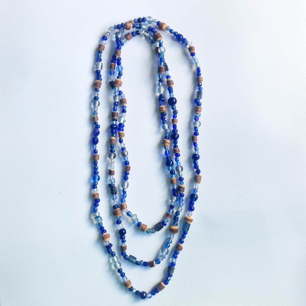 Extra Long Blue Glass & Wood Bead Necklace – Layering Necklace