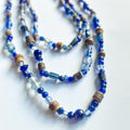 Extra Long Blue Glass & Wood Bead Necklace – Layering Necklace
