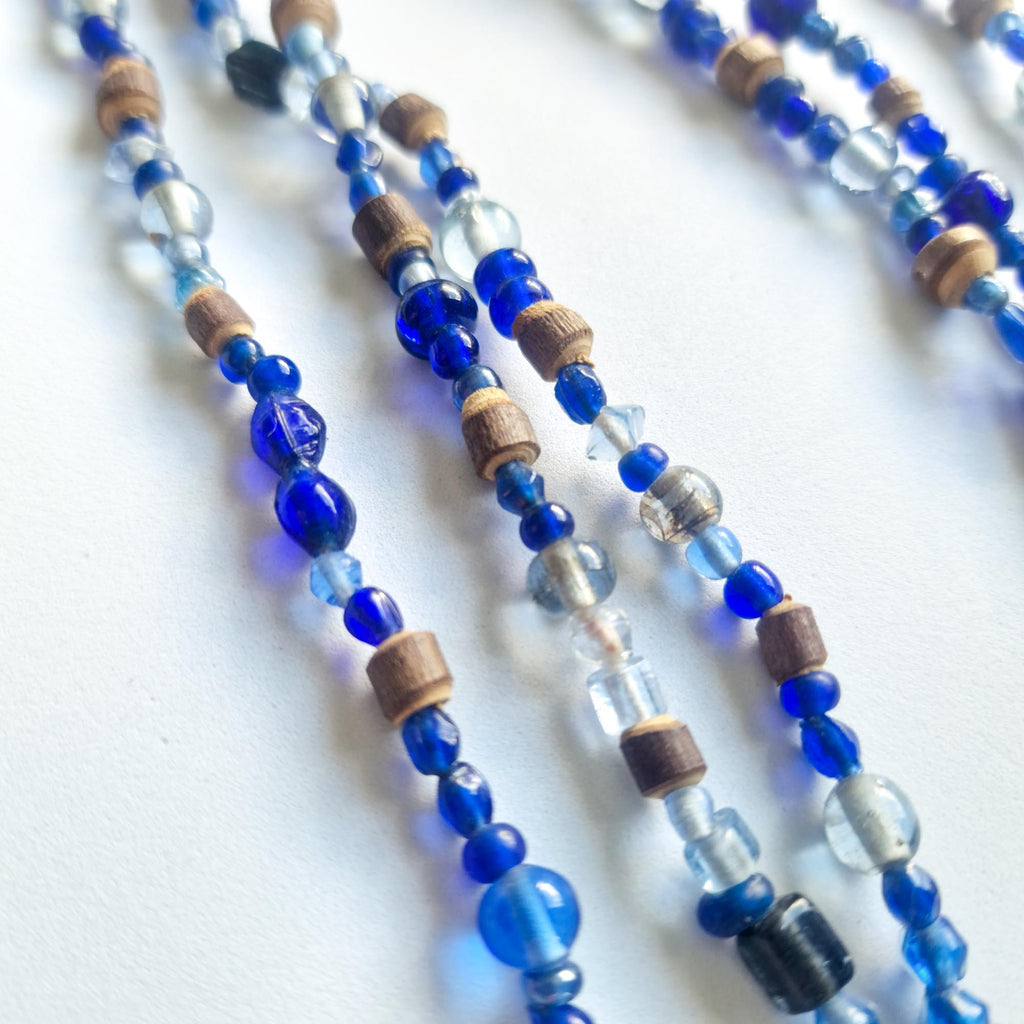 Extra Long Blue Glass & Wood Bead Necklace – Layering Necklace